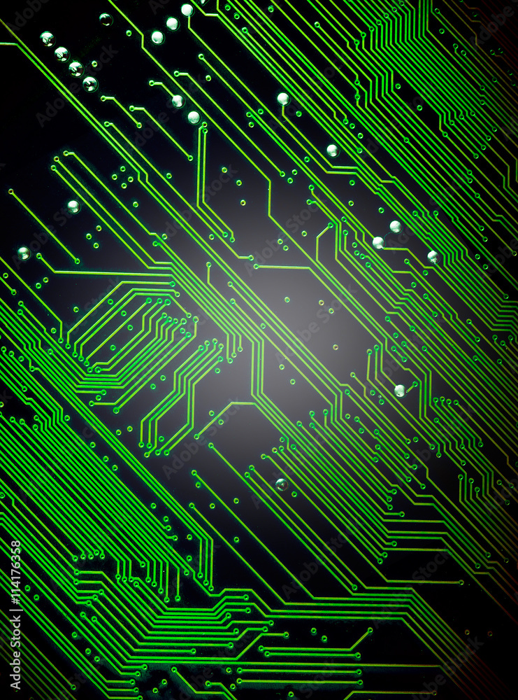 Close up of a printed green computer circuit board with Vignette Close up of a printed green computer circuit board with Vignette