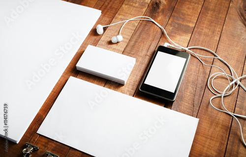 Blank branding mock-up. Blank stationery on vintage wooden table background. Blank corporate identity template. Mock-up for your design. photo