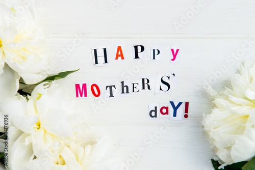 Happy Mothers Day Letters Cut out from Magazines and White Peoni photo