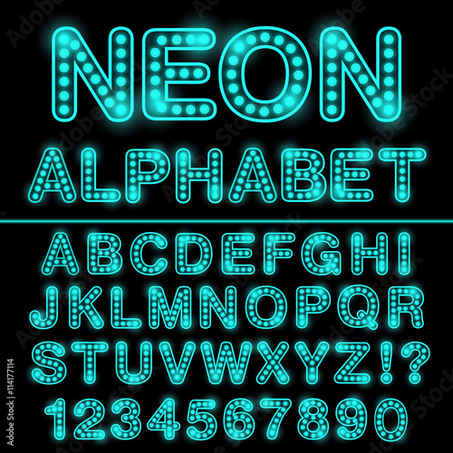 Neon light alphabet in cyan color. Glowing font for design. Neon sign. Vector.