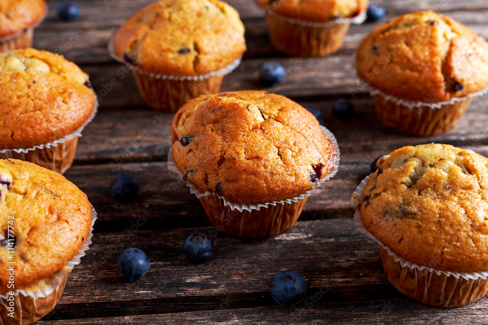 Homemade Blueberry Muffins with fresh berries on wooden table. selected focus Homemade Blueberry Muffins with fresh berries on wooden table. selected focus
