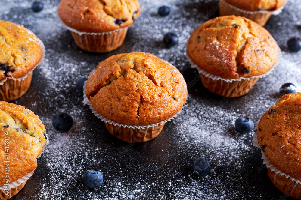 Homemade Blueberry Muffins with fresh berries on wooden table. selected focus Homemade Blueberry Muffins with fresh berries on wooden table. selected focus
