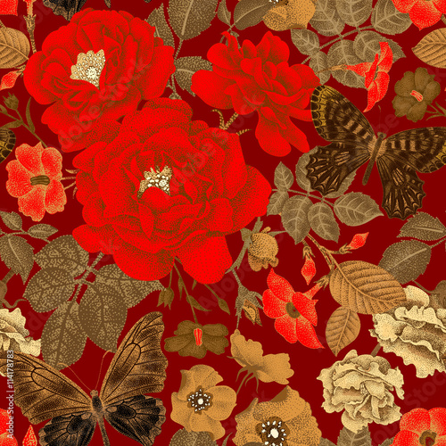 Seamless pattern with flowers roses and peonies