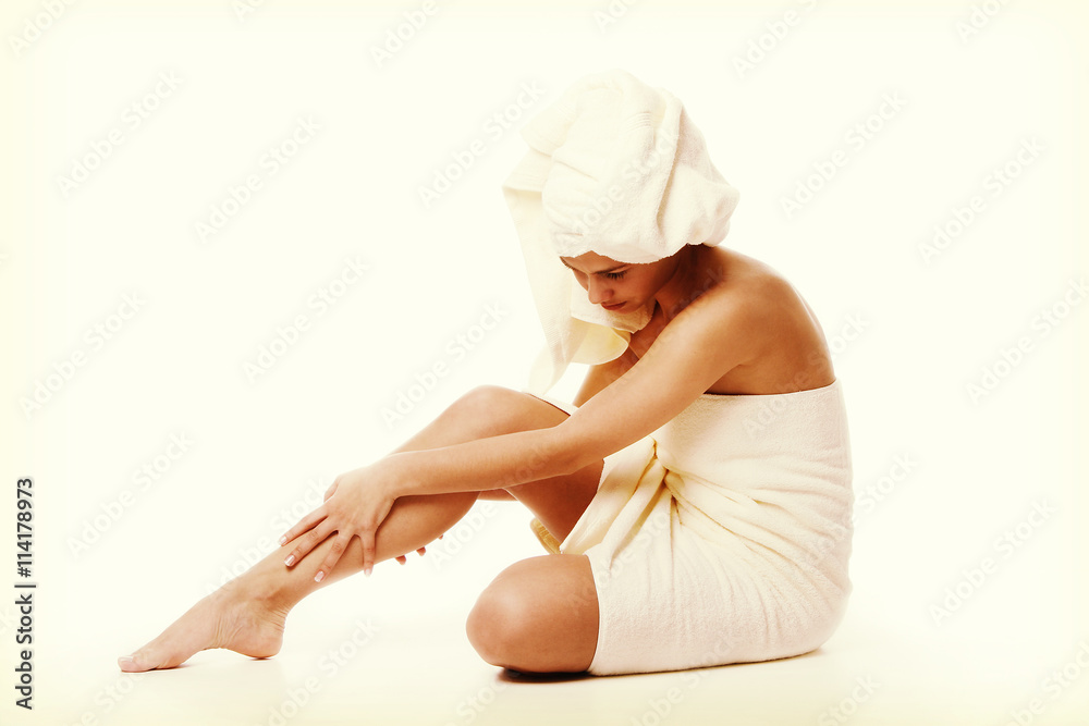 Alternative medicine and body treatment concept. Atractive young woman after shower with towel. Alternative medicine and body treatment concept. Atractive young woman after shower with towel.
