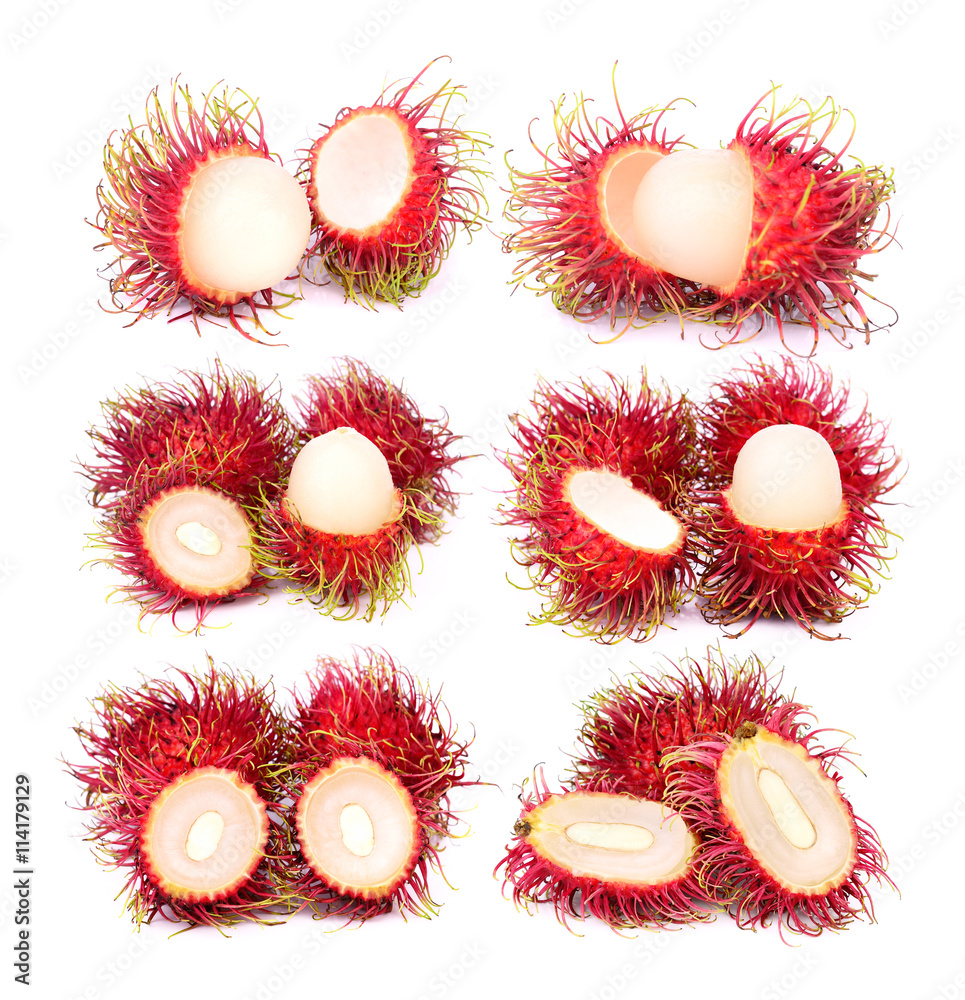 Fototapeta set of rambutan sweet delicious fruit isolated on white backgrou