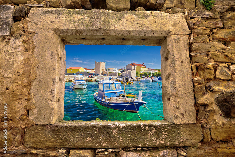 Razanac turquoise waterfront through stone window
