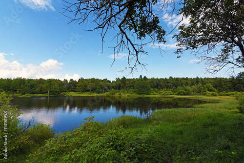 Krusne hory mountains in summer day near Stribrny pond photo