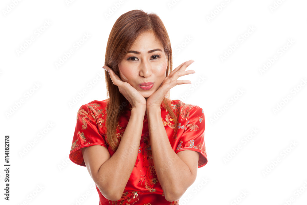 Happy Asian girl in chinese cheongsam dress Happy Asian girl in chinese cheongsam dress