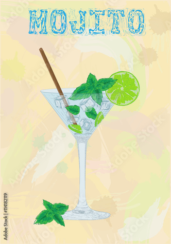 Nice mojito of ice cold glass on a color background. Soda with w