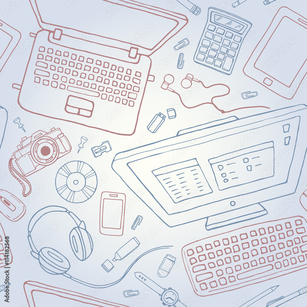 Vector seamless stationery pattern with computer, laptop, camera. Top ...