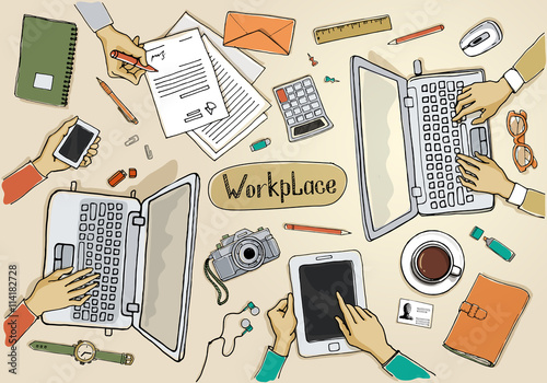 Concept of creative hand drawn office workspace. Oobjects and equipment for workplace design.