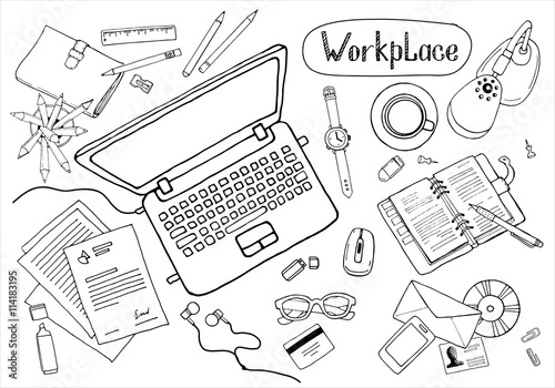 Sketchy concept of creative office workspace. Items, stationery, laptop, equipment for workplace design. Vector illustration set of business elements top view. 