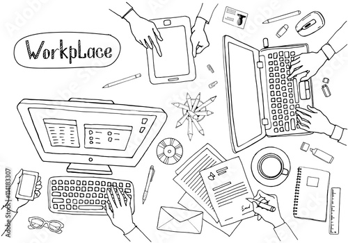 Concept of hand drawn business meeting, brainstorming. Items and elements, office things, objects and equipment for workplace design. Vector illustration set of people working on computers top view. 