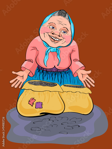 elderly woman in a blue apron in a pink jacket