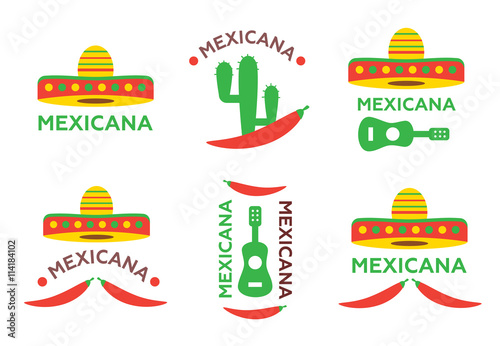 Mexican food logo, labels, emblems and badges set. Sombrero and tequila bottle, guitar element