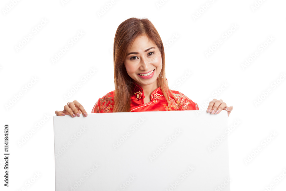Asian girl in chinese cheongsam dress with red blank sign Asian girl in chinese cheongsam dress with red blank sign
