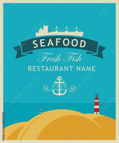 banner for a restaurant or seafood store with a ship and an anchor on a background seascape with lighthouse