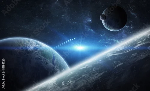 Obraz Wschód słońca nad grupą planet w kosmosie