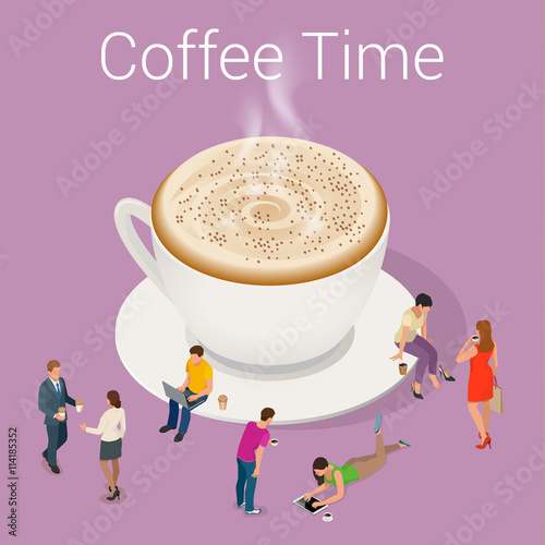 Coffee time or coffee break. Group People Chatting Interaction Socializing Concept. Flat 3d vector isometric illustration.