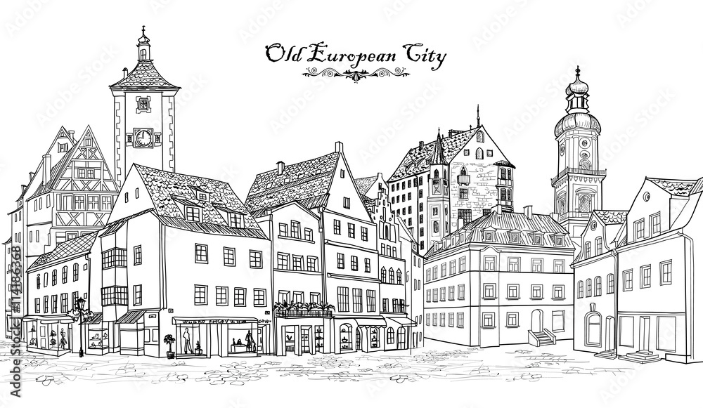 Street with old buildings and cafe in old city.  Old city view. Travel Germany background