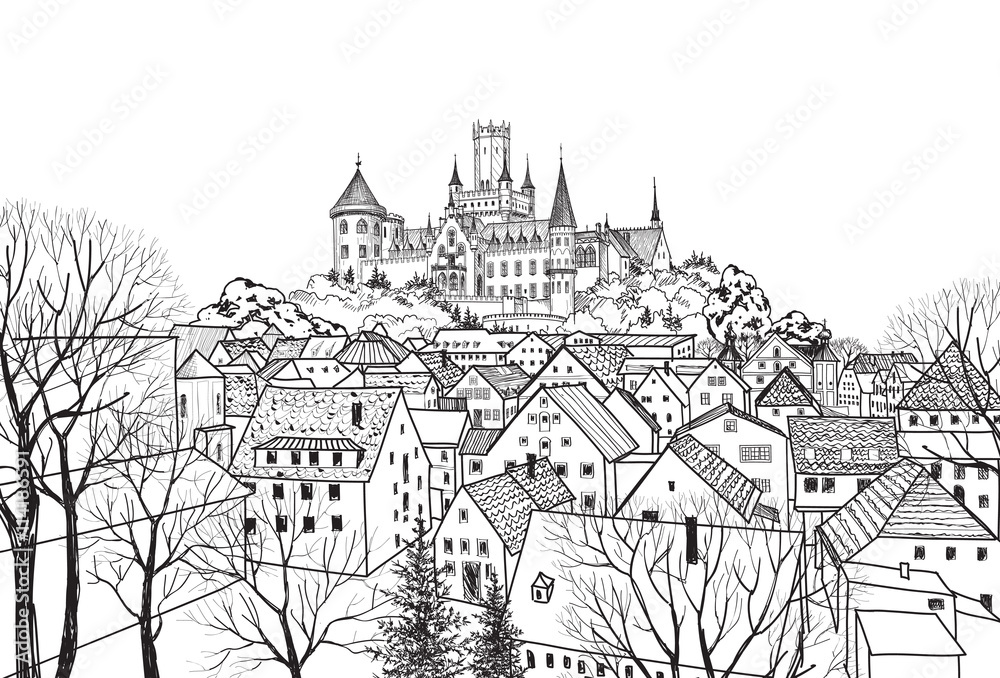 Old city view. Medieval european castle landscape. Pencil drawn vector cityscape. Germam skyline sketch