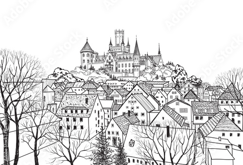 Old city view. Medieval european castle landscape. Pencil drawn vector cityscape. Germam skyline sketch © Terriana