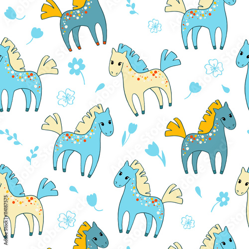 Seamless pattern with cute cartoon horses and flowers.