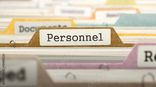 File Folder Labeled as Personnel in Multicolor Archive. Closeup View. Blurred Image. 3D Render. photo