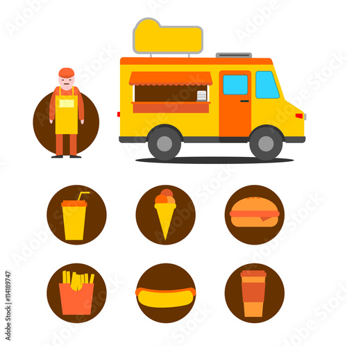 Mobile cafe business icons. Truck street fast food graphic elements. 