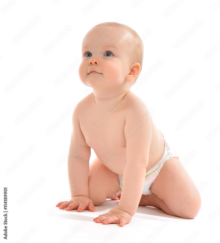 Happy eight month child baby toddler sitting or crawling smiling Happy eight month child baby toddler sitting or crawling smiling