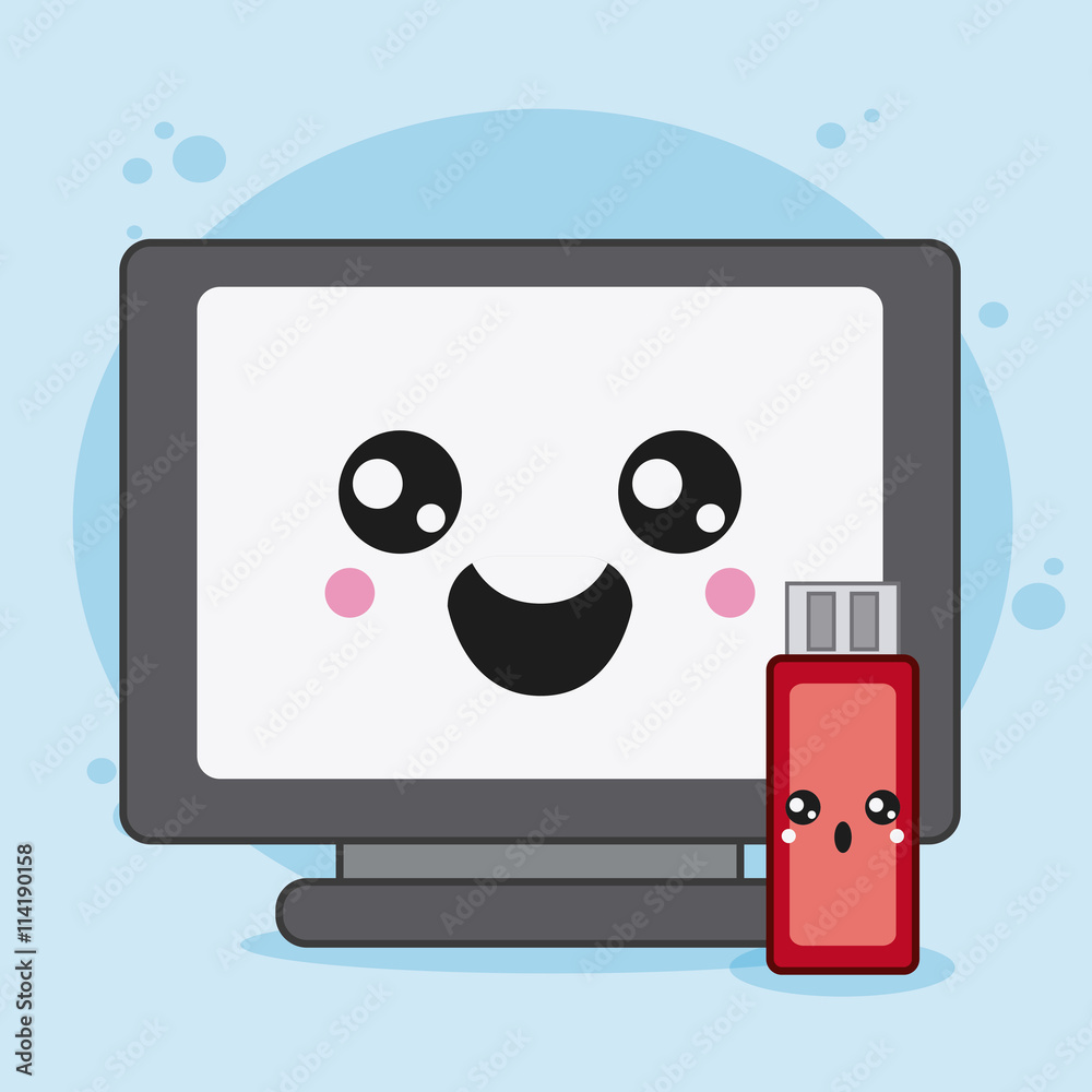 computer and usb icon. Kawaii and technology. Vector graphic computer and usb icon. Kawaii and technology. Vector graphic