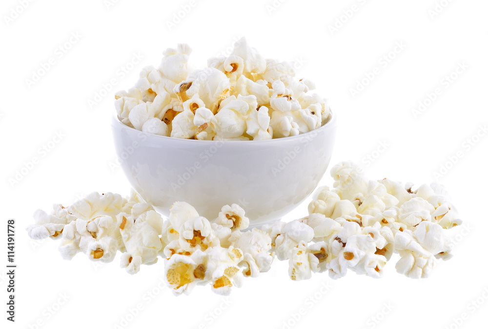 popcorn in bowl isolated on white background popcorn in bowl isolated on white background