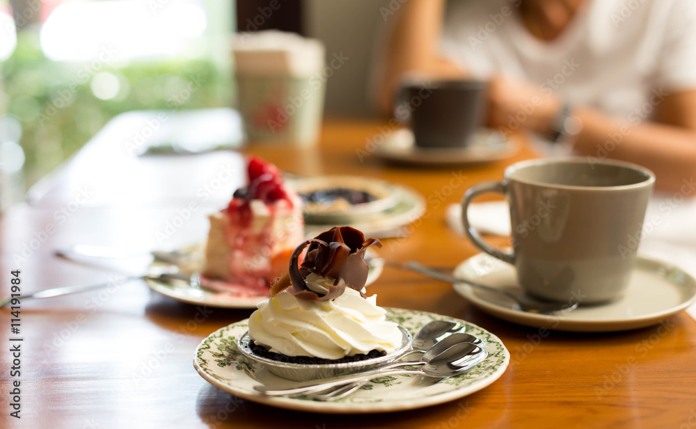 Selected focus Banoffee cake with coffee Selected focus Banoffee cake with coffee