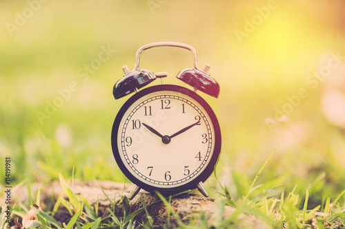 Alarm clock with green grass background