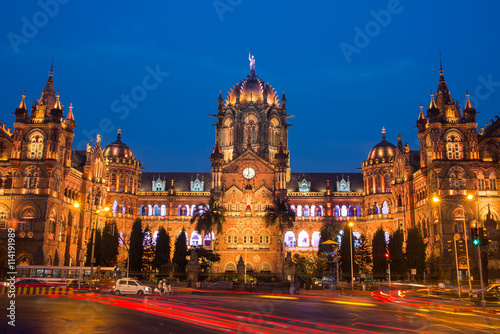 Chatrapati Shivaji Terminus earlier known as Victoria Terminus in Mumbai, India. Ninght panorama