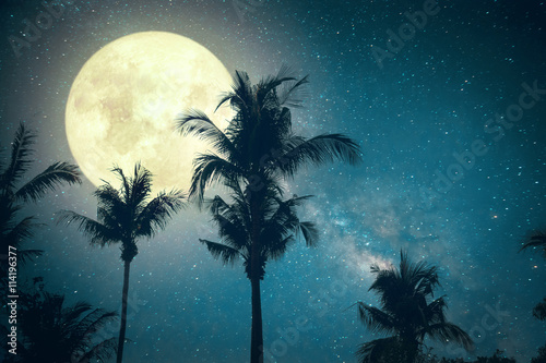Beautiful fantasy palm tree tropical beach with Milky Way star in night skies, wonderful full moon - Retro style artwork with vintage color tone (Elements of this moon image furnished by NASA)