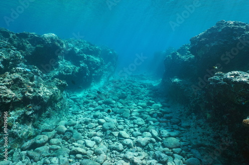 Underwater landscape  seabed carved by swell into the reef  Huahine island  Pacific ocean  French Polynesia