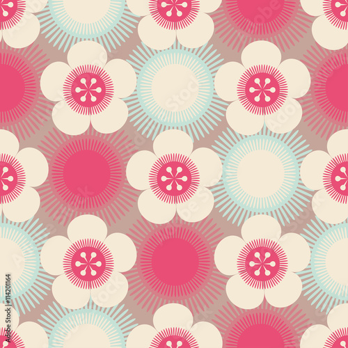 a japanese style seamless tile with cherry flowers patterns in blue, ivory and pink shades