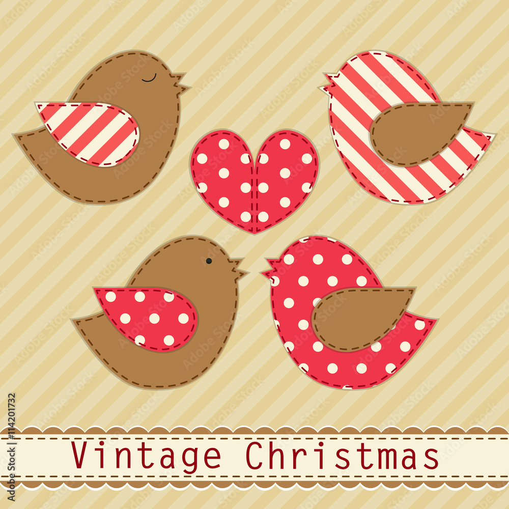 Cute fabric paradise birds as retro fabric applique in shabby chic style in traditional Christmas colors Cute fabric paradise birds as retro fabric applique in shabby chic style in traditional Christmas colors