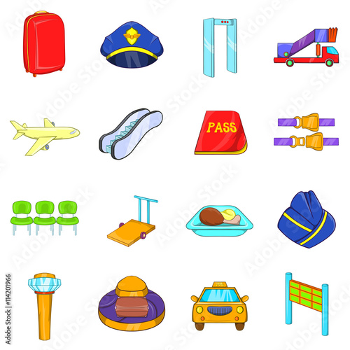 Airport icons set, cartoon style
