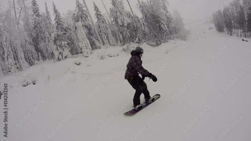 Snowboarder jumping from kicker then slides on the rail in snowpark