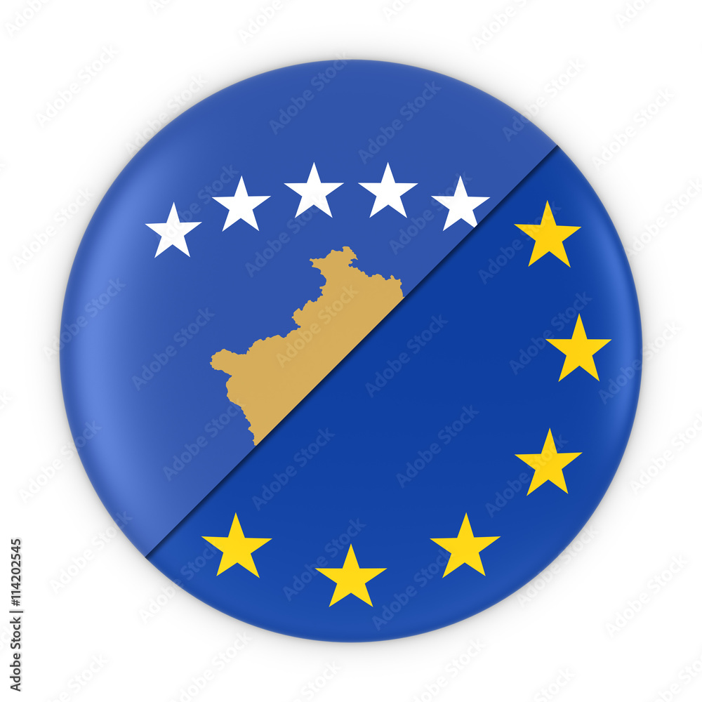 Kosovan and European Relations - Badge Flag of Kosovo and Europe 3D Illustration Kosovan and European Relations - Badge Flag of Kosovo and Europe 3D Illustration
