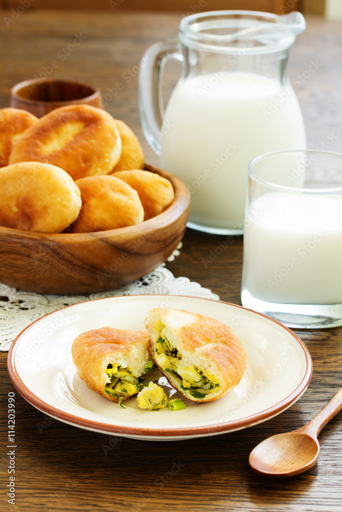Homemade cakes with egg and onion. Russian kitchen. Homemade cakes with egg and onion. Russian kitchen.