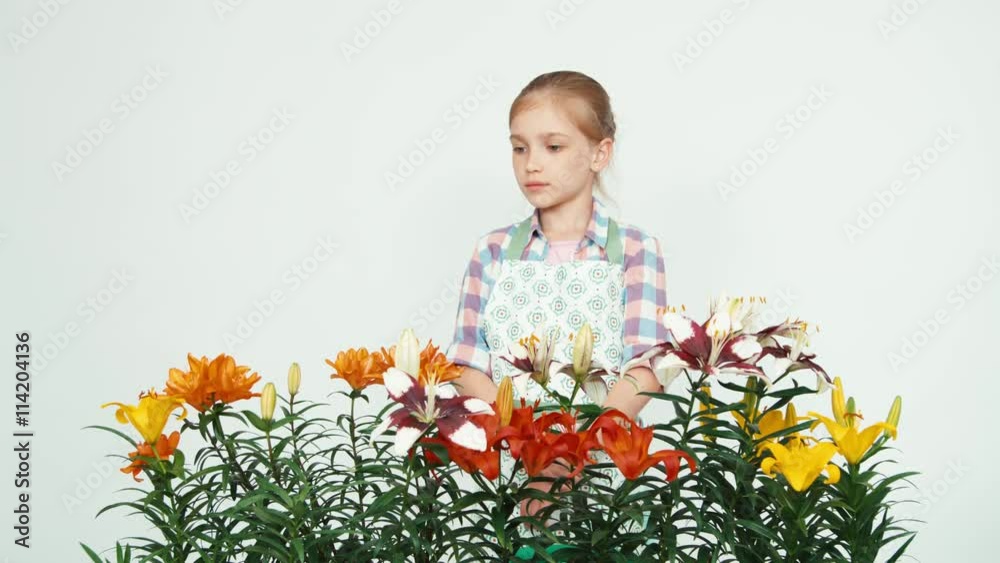 Flower-girl advertises flowers and smiling at camera on white background Flower-girl advertises flowers and smiling at camera on white background