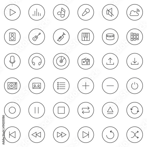 Music icons set. Including controls as play, pause, stop, forward, backward, record, sync, loop. Instruments as guitar, piano, drum. Devices as tape, radio, mixer, speaker, and etc.