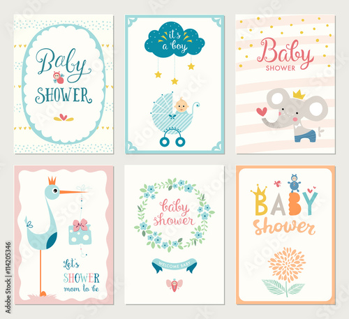 Set of 6 baby shower cards with floral wreath, frames, elephant, baby carriage, baby boy, decorative flowers, stars, stork, gift box and hand lettering. 