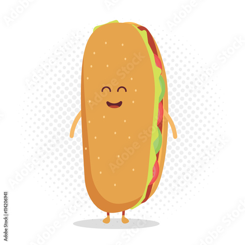 Kids restaurant menu cartoon cardboard character. Funny cute hot dog drawn with a smile, eyes and hands.