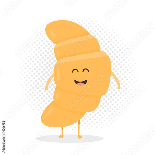 Kids restaurant menu cardboard character. Funny cute croissant drawn with a smile, eyes and hands.