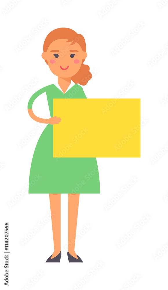 Cute fashion girl with chestnut hair hold big banner isolated on white background for your text. Young happy smile girl standing hold pointing her finger blank board, attractive girl wear blue dress. Cute fashion girl with chestnut hair hold big banner isolated on white background for your text. Young happy smile girl standing hold pointing her finger blank board, attractive girl wear blue dress.