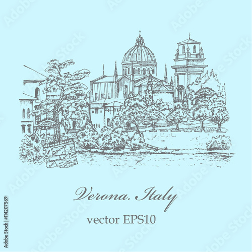 Italy retro landscape vector Verona. Hand drawn sketch in pen and ink illustration.